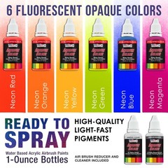 U.S. Art Supply® 6 Color 1oz Neon Fluorescent Paint Set with Cleaner & Thinner