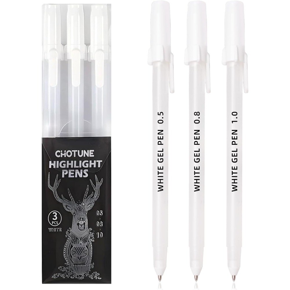 White Gel Pens for Black Paper 3 Tip Sizes Fine 0.5mm Medium 0.8mm Bold 1.0mm