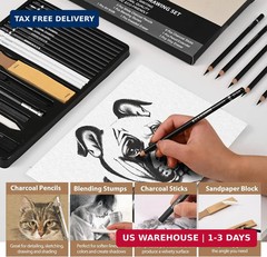 27 Piece Charcoal Drawing Set – Professional Black & White Charcoal Pencils for