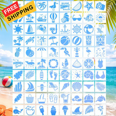 80 Pcs 3 Inch Summer Stencils for Painting, Reusable Beach 3 inches, White