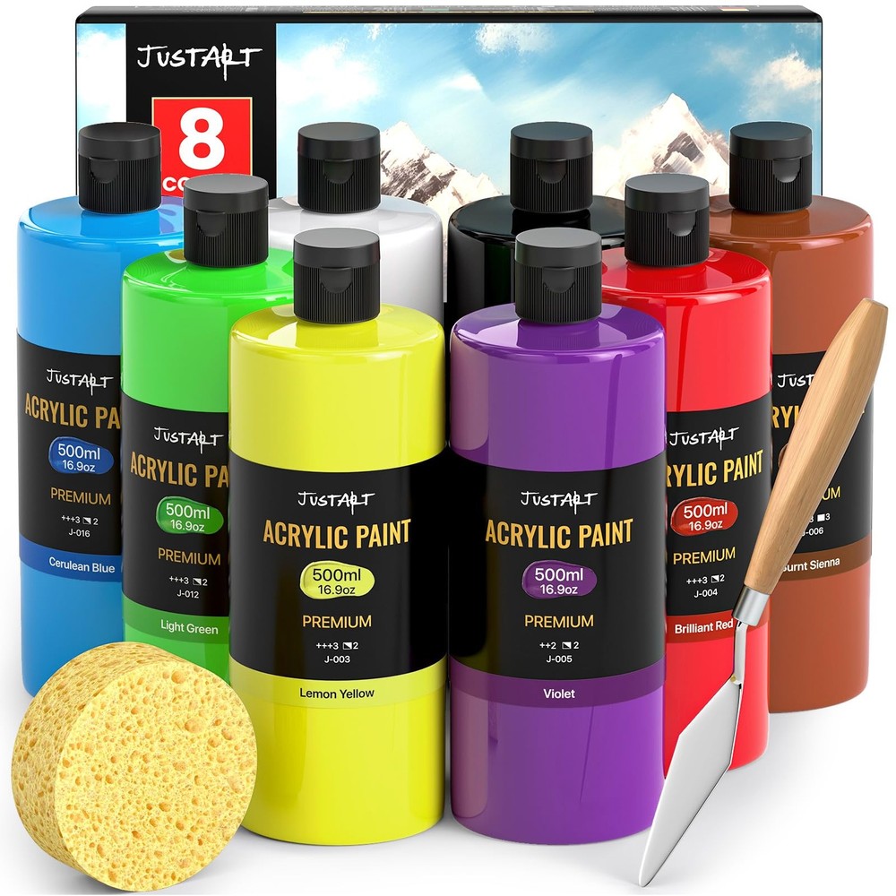 Beginner Acrylic Paint Set, 8 Colors (16.9oz/500ml Each) Bulk Large Bottles A…