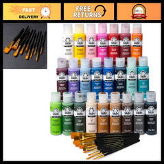 24 Bottle Acrylic Craft Paint Set with 10 Brushes – 2oz Assorted Colors, Art Sup