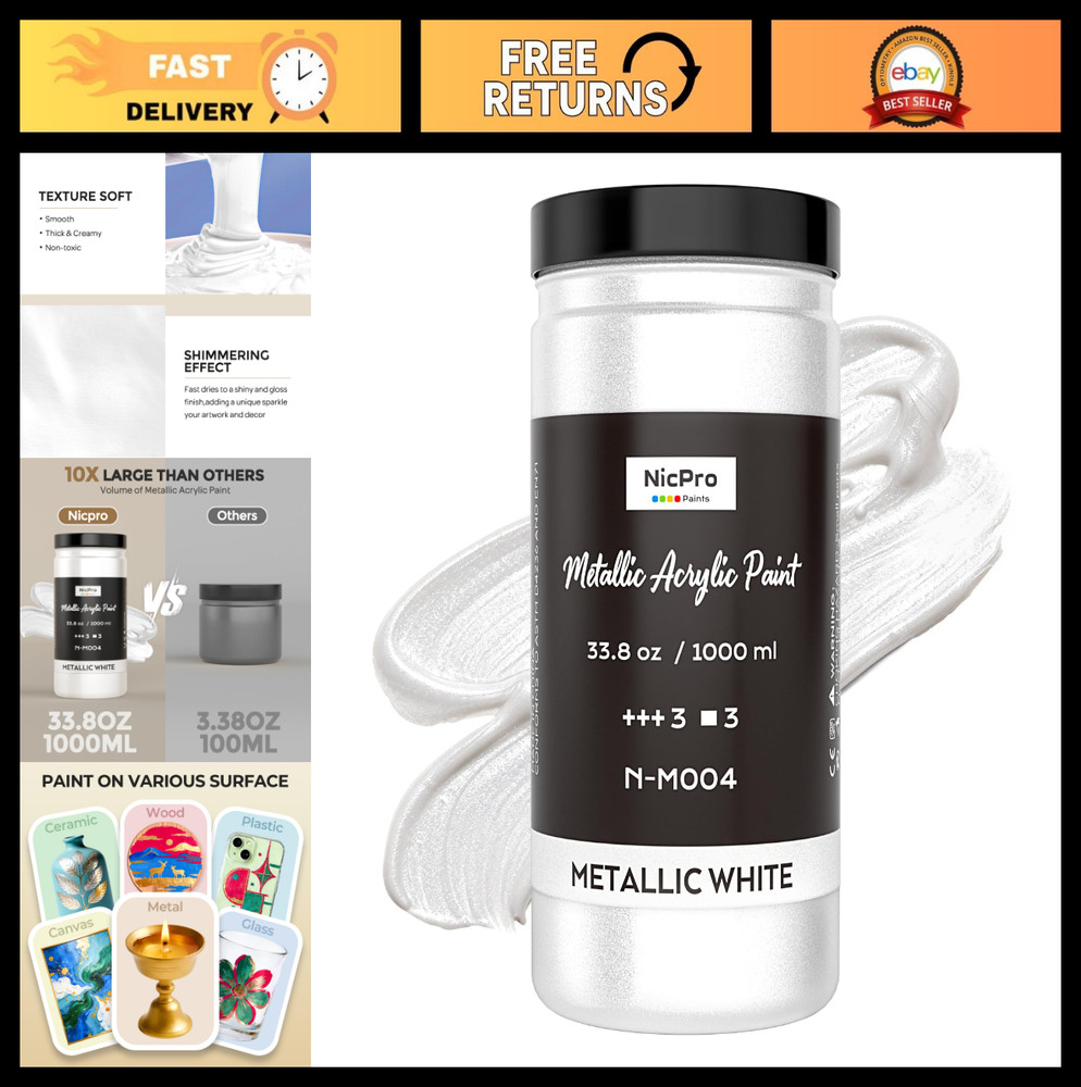 Metallic Pearl White Acrylic Paint 33.8oz, Non-Toxic Pearlescent Craft Paint for