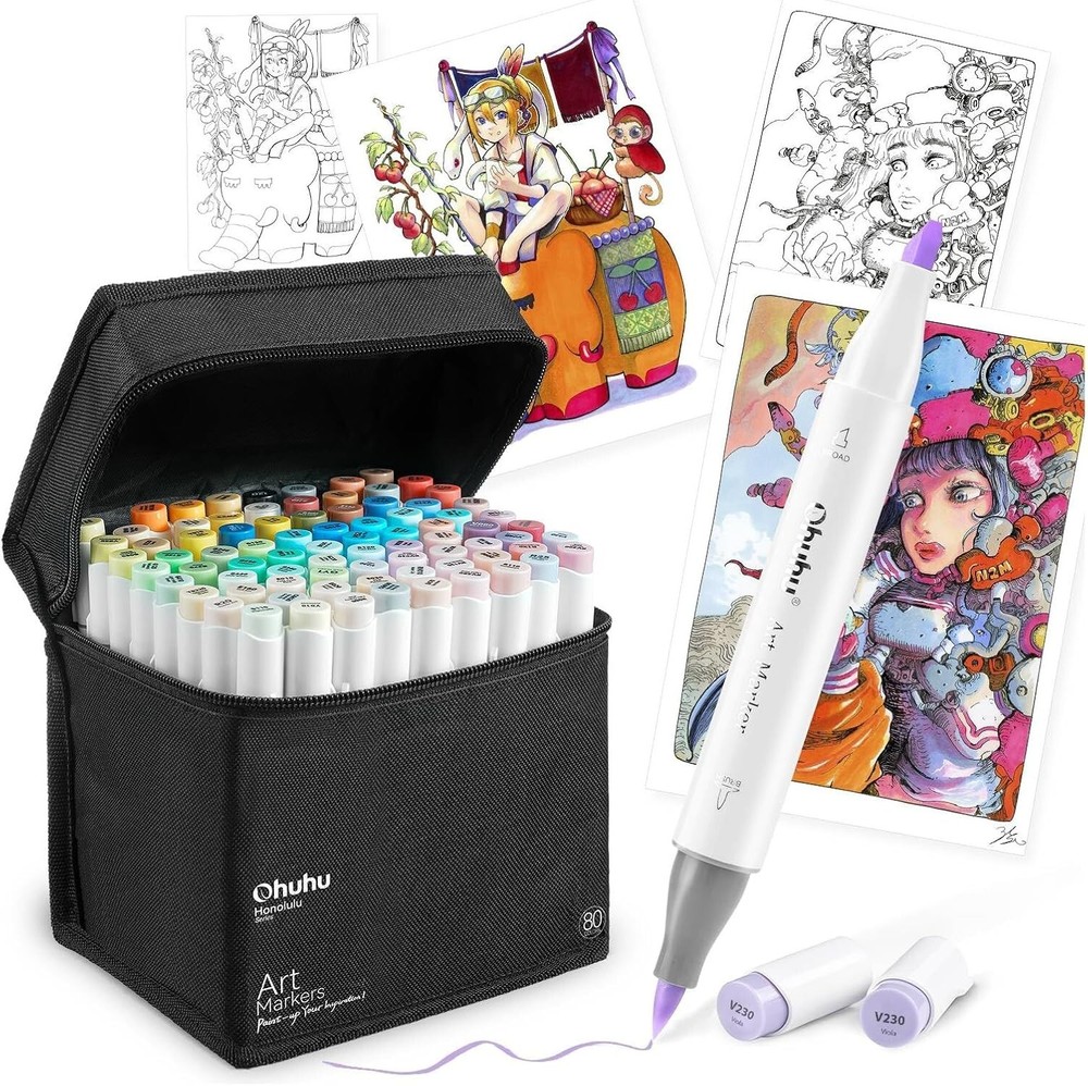Ohuhu Honolulu 80 Alcohol Markers Brush Tip Set Professional Pastel Colors