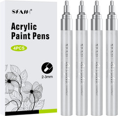Silver Paint Markers Pens – 4 Pack 2-3MM Medium Tip Metallic Acrylic Markers For