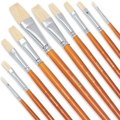 10pc Flat Hog Bristle Paint Brush Set – Short Handle Artist Brushes for Acryl…