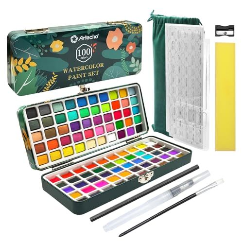 Watercolor Paint Set 100 Colors in Portable Box Travel Watercolor Set with Wa…
