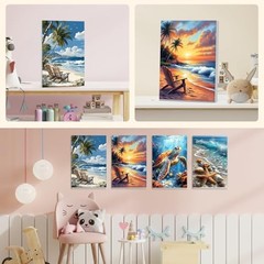 4 Pack Paint by Numbers for Adults with Wooden Framed, Beach blue-beach