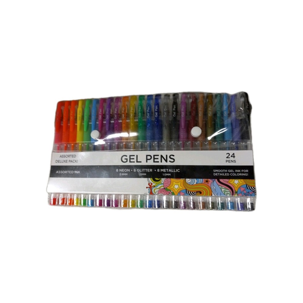 24 Pack Assorted deluxe Gel pens 8 neon 0.8mm 8 glitter 1.0mm 8 Metallic 1.0 mm