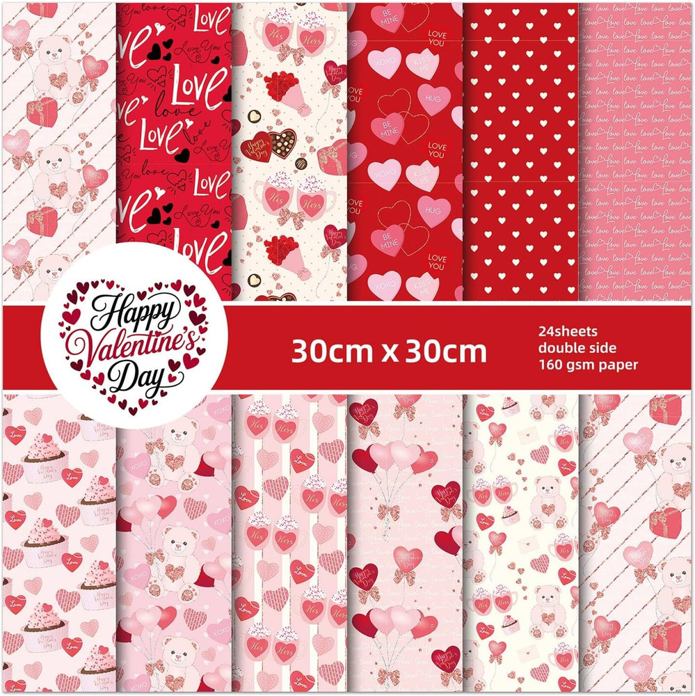 24 Sheets Valentine Pattern Paper Watercolor Heart Love Scrapbooking Double-Side