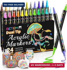 Betem Dual Tip Acrylic Paint Pens, 24 Colors Paint Markers for Glass, Window, Fa