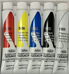 Holbein Acrylic Gouache 5 Color Set 12ml + Princeton Aqua Elite Watercolor Brush