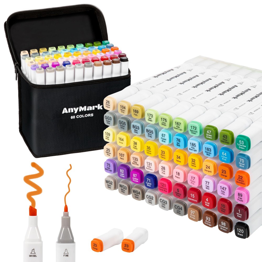 Alcohol Markers 60 Colors Dual Tip Art Coloring Set Chisel Fine White Penholder