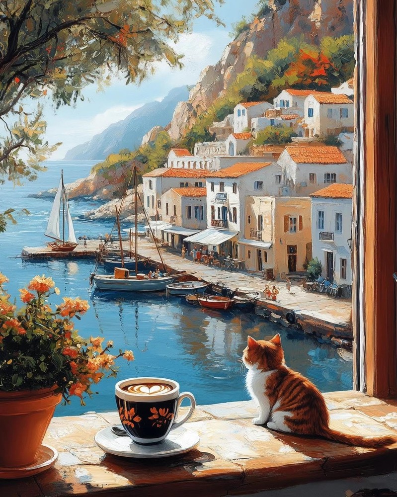 Paint by Numbers Kit for Adults Beginner Cat, Seaside Landscape Easy Adult Paint