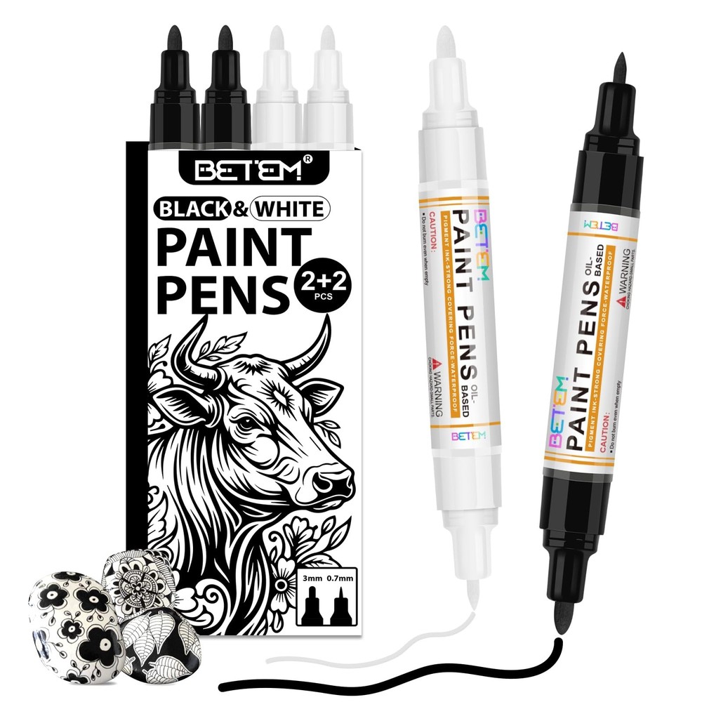 Betem 4 Count Dual Tip Oil Based Black White Paint Pen0.7mm & 3mm, White Perm…
