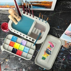 Portable Paint Brush Storage Holder Cleaner with Palette Art Painting Supply