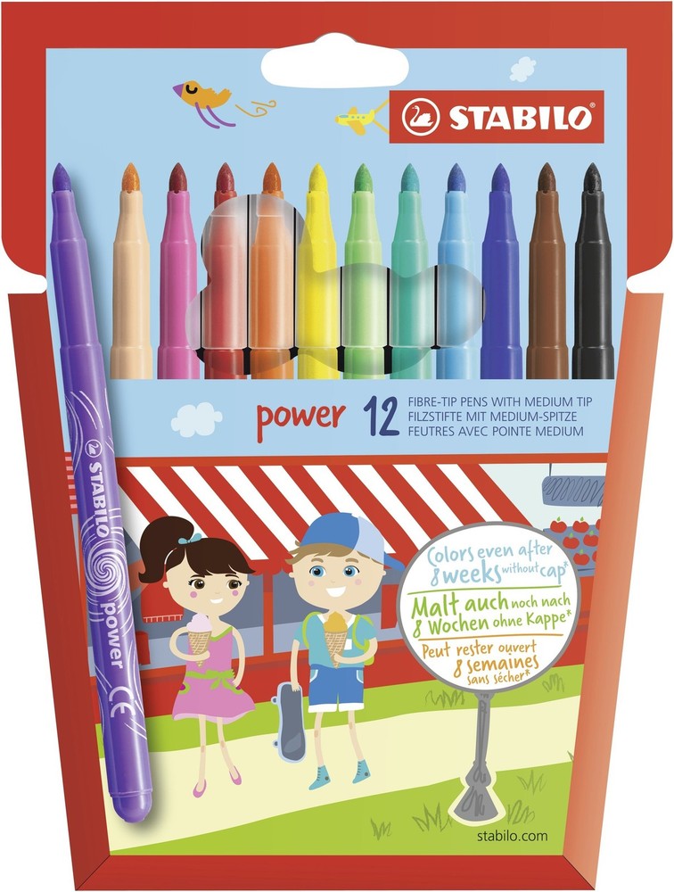 Medium Fibre-Tip Pen – STABILO power – Pack of 12 – Assorted Colours