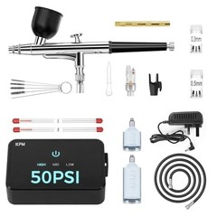 50 PSI Airbrush Kit with Compressor, Dual-Action Gun, 0.2/0.3/0.5mm Nozzles, Cle