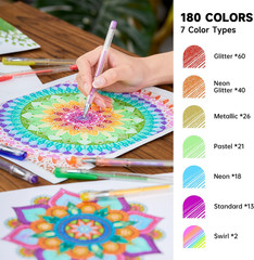 360 Pack Gel Pens Set, 180 Colors Gel Pen Set plus 180 Color Refills Perfect for