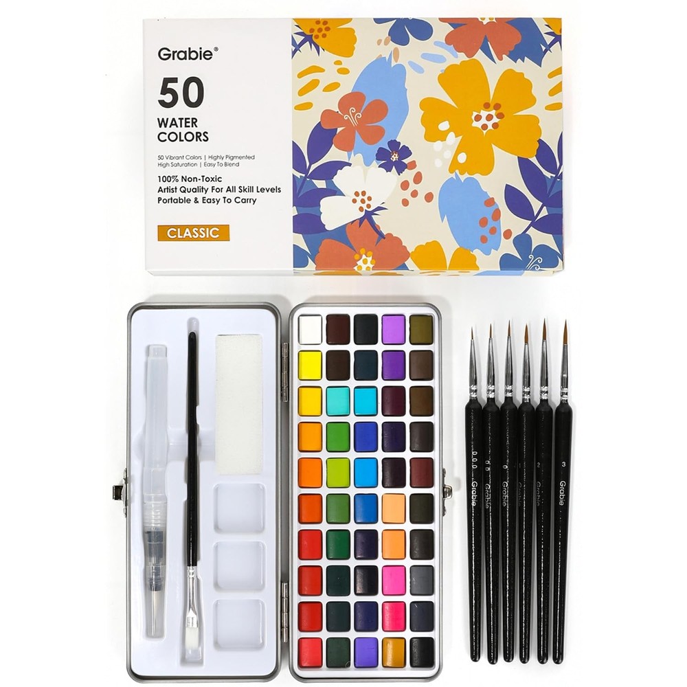 50-Color Watercolor Paint Set with Detail Brush – Art Supplies for Travel &