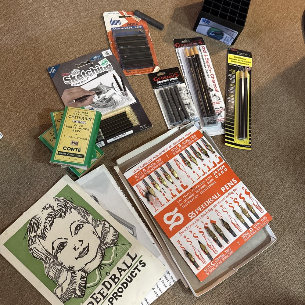 Vintage Mixed Charcoal Graphite Sticks Conte Speedball Nibs Lot