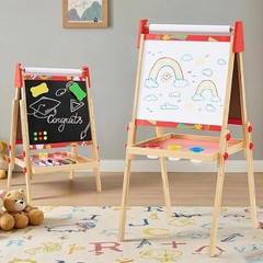 Kids Easel Set w/ Paper Roll Adjustable Wooden Double-Sided Magnetic Chalkboard