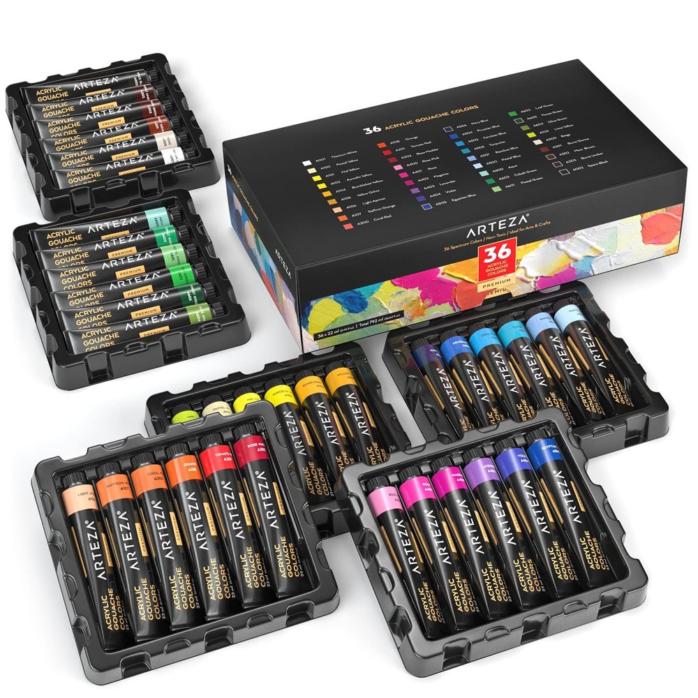 Acrylic Gouache Paint Set, 36 Colors in 22 ml Tubes, Opaque Matte Acrylic Pai…