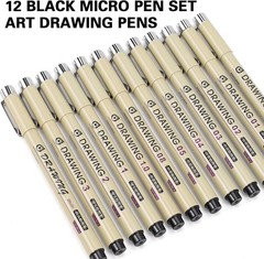 Muchcute Micro Fineliner Drawing Art Pens: 12 Black Fine Line Waterproof Ink Set