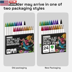 24 Metallic Acrylic Paint Markers – Paint Pens for Drawing, Brush + Fine Tips –