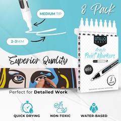 White Paint Pen (8-Pack) for Rock Painting, Wood, Glass, Tire, Canvas, Metal, Fa