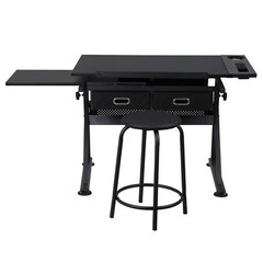 Drafting Desk Drawing Table 9 Levels Adjustable angle w/ Stool Arts Crafts Black