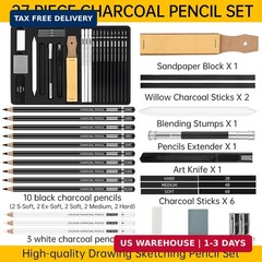 27 Piece Charcoal Drawing Set – Professional Black & White Charcoal Pencils for