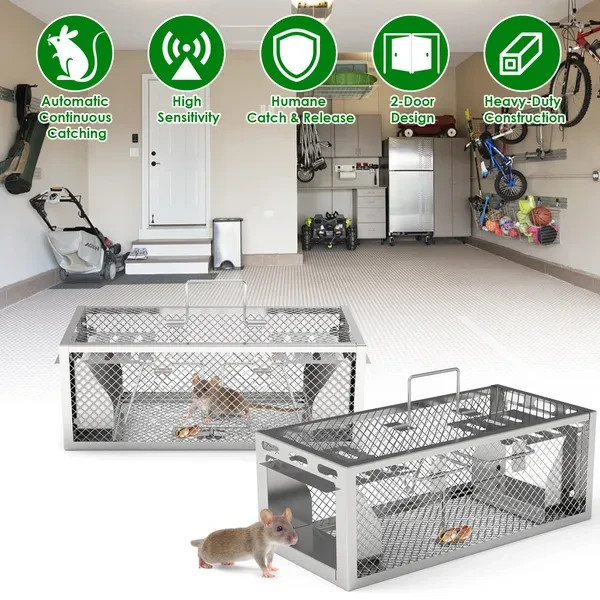 2Pack 11.81×5.63×4.45In 2-Door Humane Rat Trap Automatic Continuous Mouse Trap R
