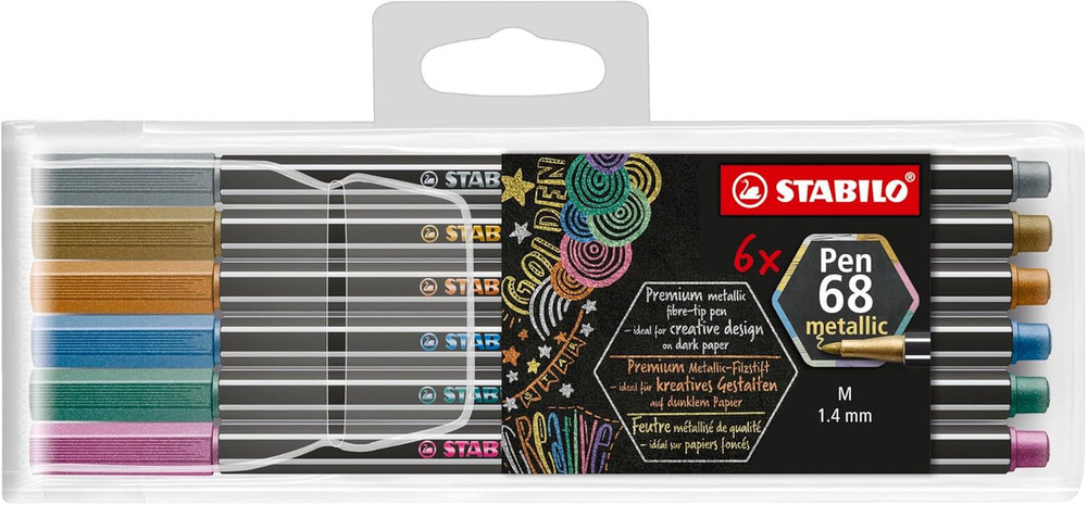 Premium Metallic Fiber-Tip Pen Pen 68 Metallic – Pack of 6 – Coloring Felt Tip M
