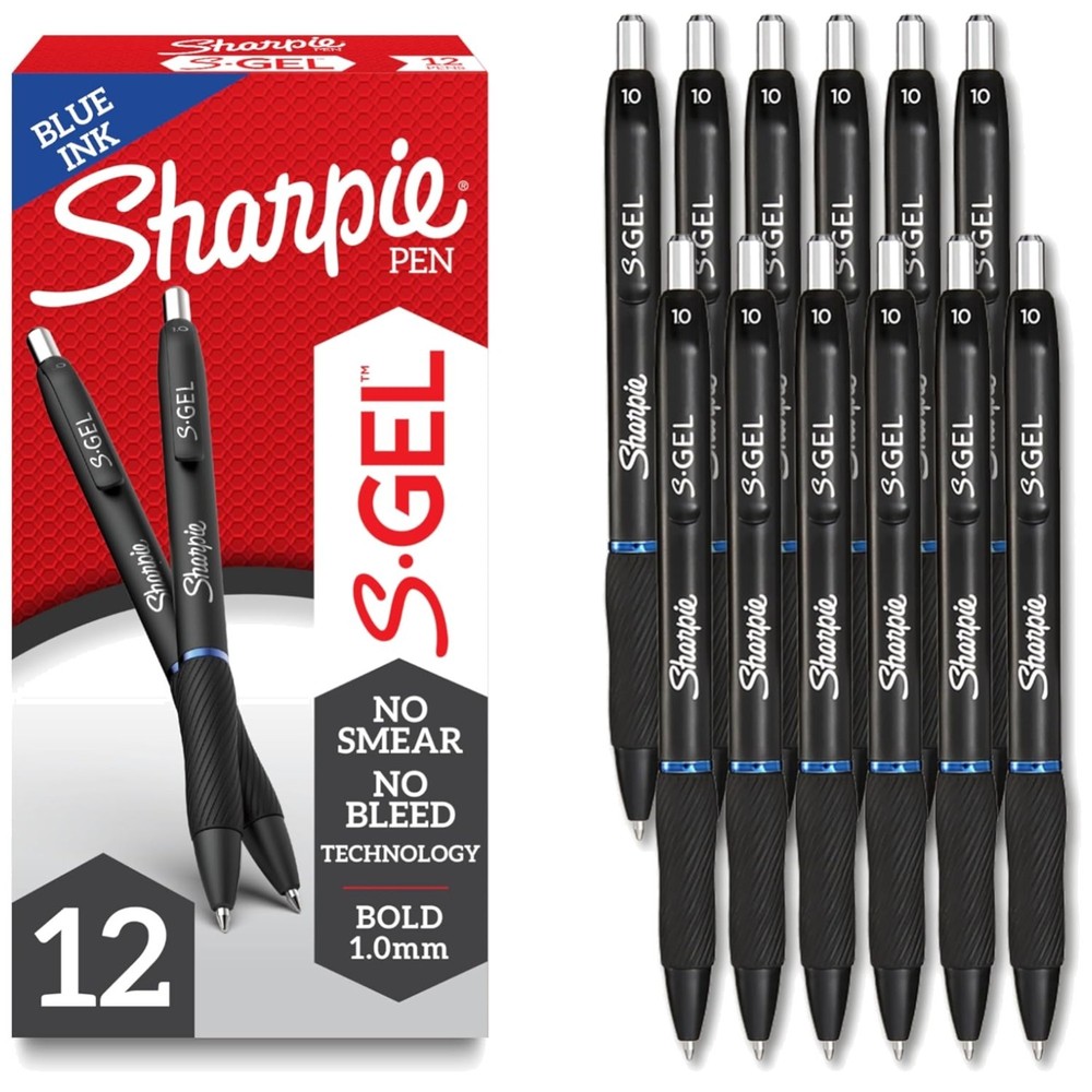 S-Gel Blue Gel Pens, Bold Point, 12 Pack