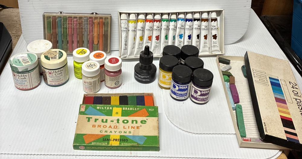 Vintage Art Supplies Mixed Lot Includes: Crayons, Chalk, Paints, and Ink