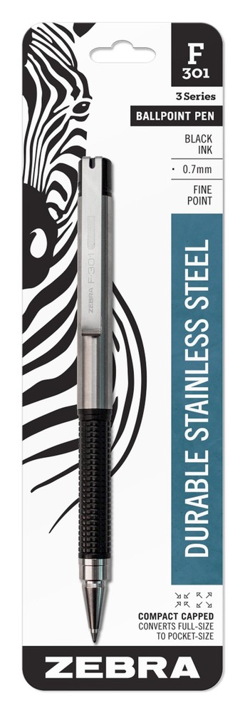 Zebra F-301 Compact Ballpoint Stainless Steel Retractable Pen, Fine Point