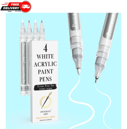 Extra Fine Point White Acrylic Paint Pens Set of 4 | 0.7mm & 0.5mm Tips for Rock