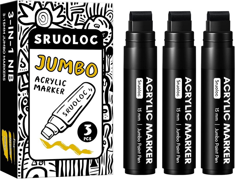 3 Jumbo Permanent Markers Black, 15Mm Thick Wide Tip, Large Acrylic