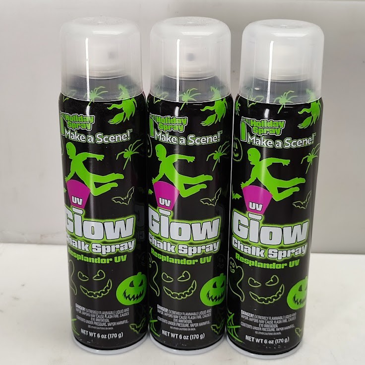 Lot of 3 Holiday Spray Halloween UV Glow Window Decor Chalk Spray Can 6 oz each
