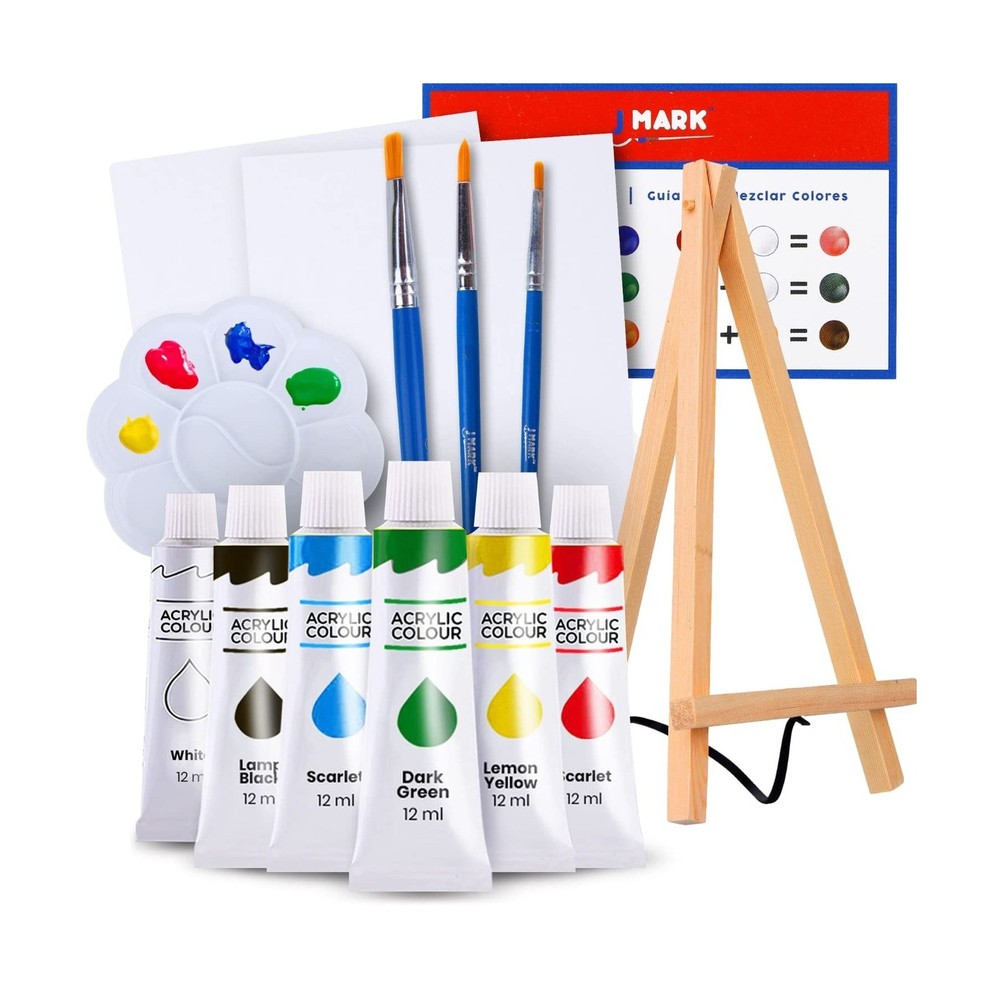 J MARK Paint Set – Mini Canvas Acrylic Painting Kit with Wood Easel… Fas