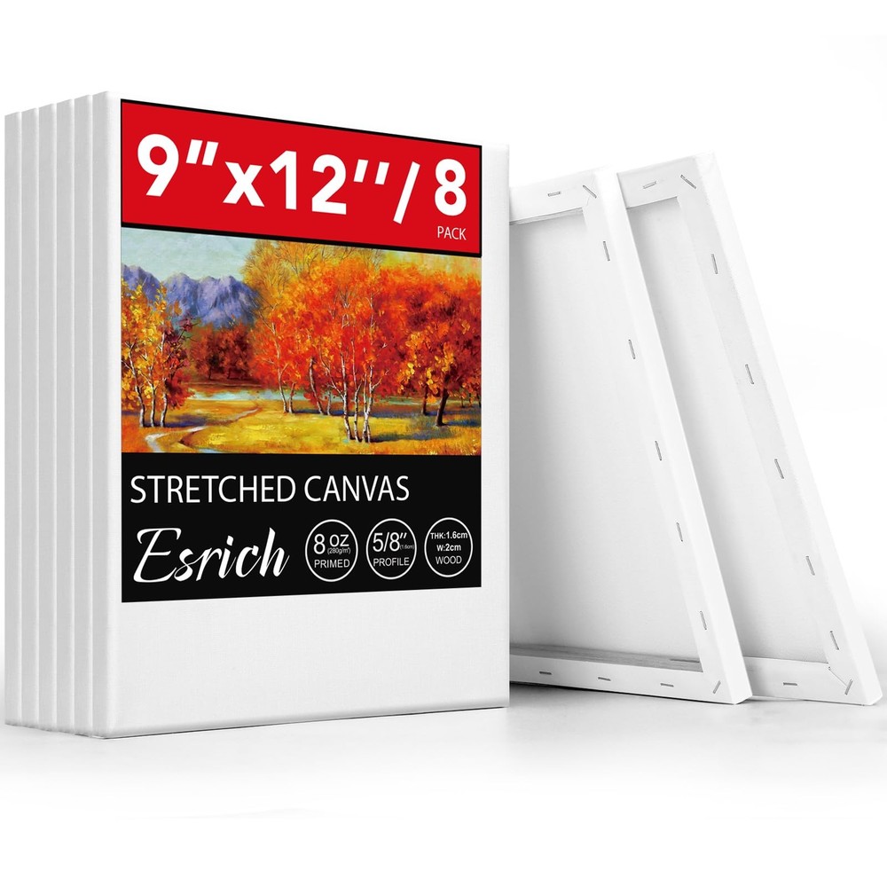 ESRICH Stretched Canvas for Painting, 8 Pack 9×12 Inch 9X12IN 8 Packs, white