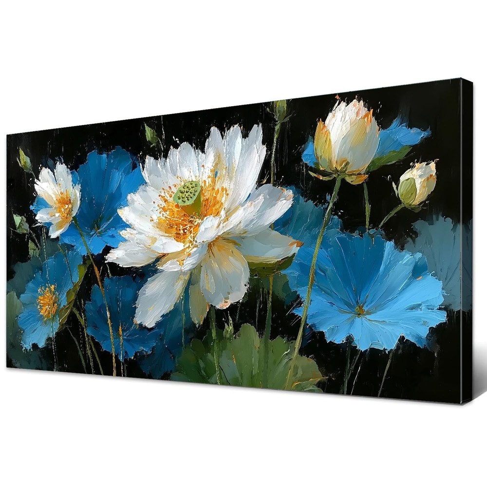 Blue White Lotus Flower Wall Art Canvas Picture for Living Room Water Lily Ze…