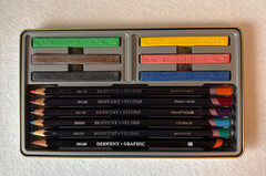 Derwent colored pencils & color blocks multi media set of 12, tin case, open box
