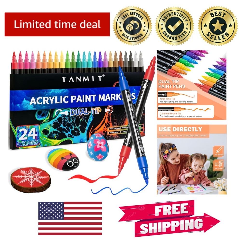 Non-Toxic 24-Color Acrylic Markers – Dual Brush and Fine Tip for All Surfaces