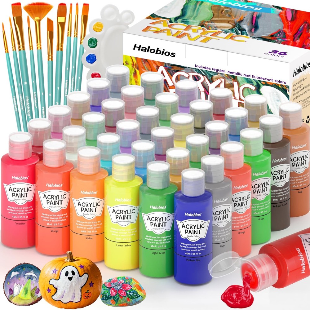 36 Color Acrylic Paint Set for Students & Adults, Fluorescent & Metallic Shades