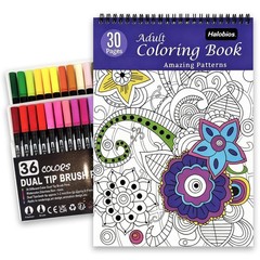 Adult Coloring Book Set with 36 Dual-Tip Markers, 30 Patterns Spiral Bound Co…