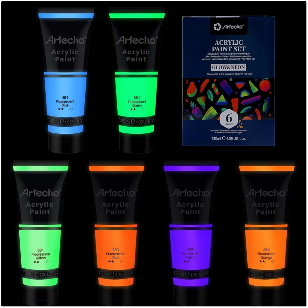 Non-Toxic Glow in the Dark Paint 6 Colors, 4oz Acrylic for Creative Decorations