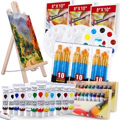Acrylic Paint Set with Wooden Easel 3 Canvas Panels 30 Brushes Paint Plates a…