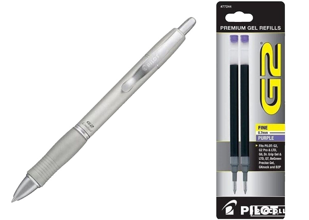 Pilot G2 Limited Metal Gel Pen .7mm Silver with Purple Ink Refills Office School